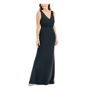 ADRIANNA PAPELL Womens Slitted Ruched Sleeveless V Neck Full-Length Formal Dress
